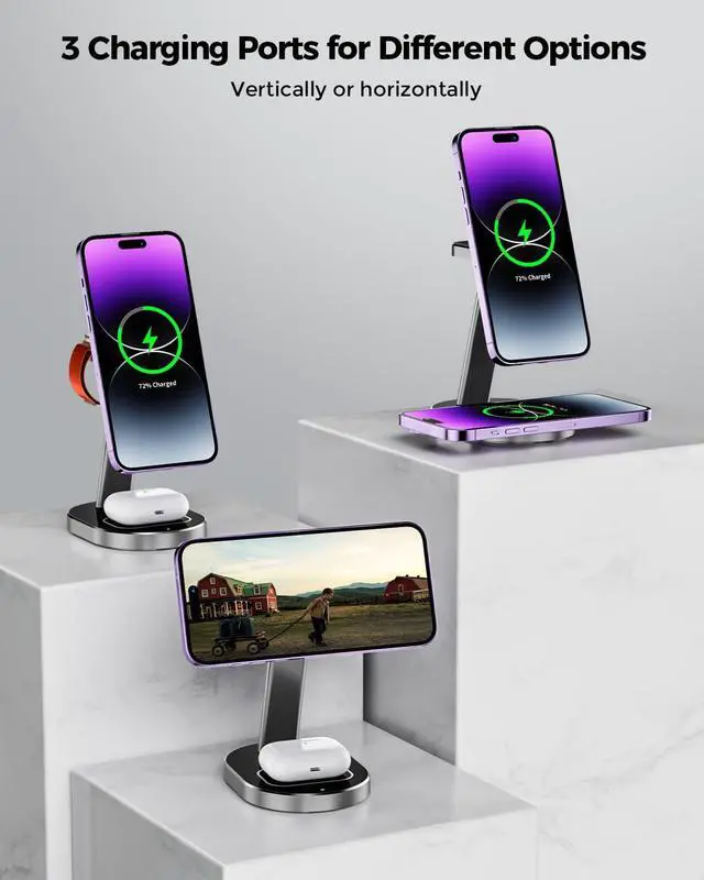 Alt view image 6 of 6 - Magnetic Mag-Safe Wireless Charger for iPhone 15 14 Plus 13 12 Pro Max Mini,Fast 3 in 1 Charging Station with Apple iwatch Ultra 2 9 8 7 6 5 4 3 SE Airpods Pro 2 Multiple Devices Aluminum Alloy Stand