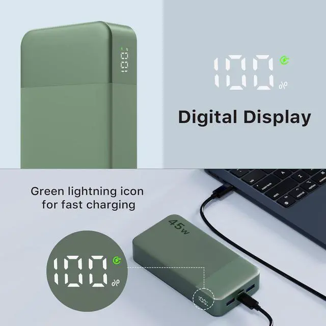 Alt view image 6 of 7 - NOBIS Portable Charger, 20000mAh Power Bank, 45W Power Bank Fast Charging, Battery Pack with C to C Cable, Battery Bank with Digital Display for iPhone Android Laptop etc(Green)