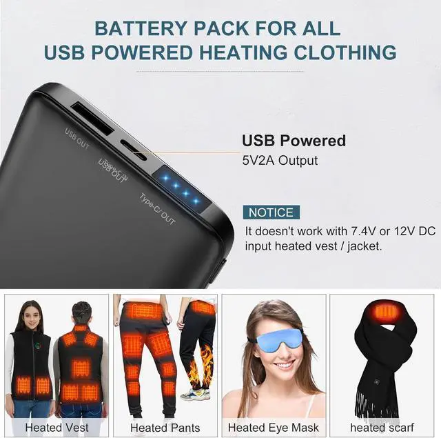 Alt view image 4 of 6 - KOVNLO Battery Pack for Heated Vest, 5V 2A 10000mAh USB Power Bank with USB-C Charging Cable, Ultra Thin Portable Charger for Heated Jacket,iPhone, Android