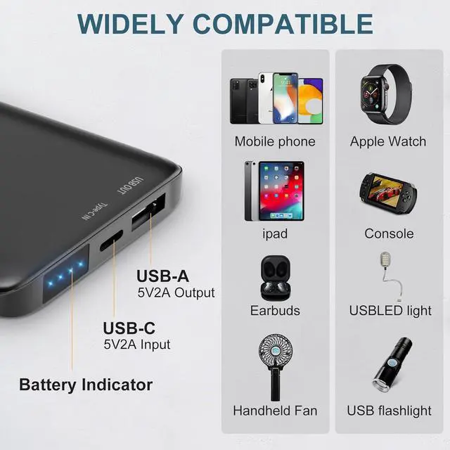 Alt view image 6 of 6 - KOVNLO Battery Pack for Heated Vest, 5V 2A 10000mAh USB Power Bank with USB-C Charging Cable, Ultra Thin Portable Charger for Heated Jacket,iPhone, Android