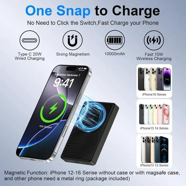 Alt view image 5 of 7 - Wireless Portable Charger, 10000mAh Magnetic Power Bank for Samsung Galaxy S25 Ultra S24 FE S23 S22 S21 S20 A16 A15 A55, iPhone 16 Pro Max 15 14 13 12, 20W Fast Charging Battery Pack with USB-C Cable