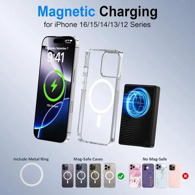 Alt view image 3 of 7 - Wireless Portable Charger, 10000mAh Magnetic Power Bank for Samsung Galaxy S25 Ultra S24 FE S23 S22 S21 S20 A16 A15 A55, iPhone 16 Pro Max 15 14 13 12, 20W Fast Charging Battery Pack with USB-C Cable