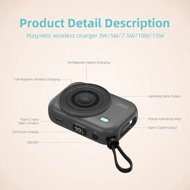 Alt view image 2 of 4 - 10000mAh 15W Magnetic Wireless Fast Charging Mobile Power - Built-in Dual Type-C Cables, Portable Battery Pack, Compatible with iPhone 16/15/14/13/12 Full Series-Black