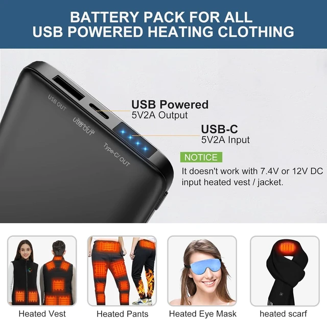Alt view image 2 of 6 - KOVNLO Battery Pack for Heated Vest, Ultra Thin Portable 5V 2A 10000mAh USB Power Bank, Charger for Heated Jacket,iPhone, Android
