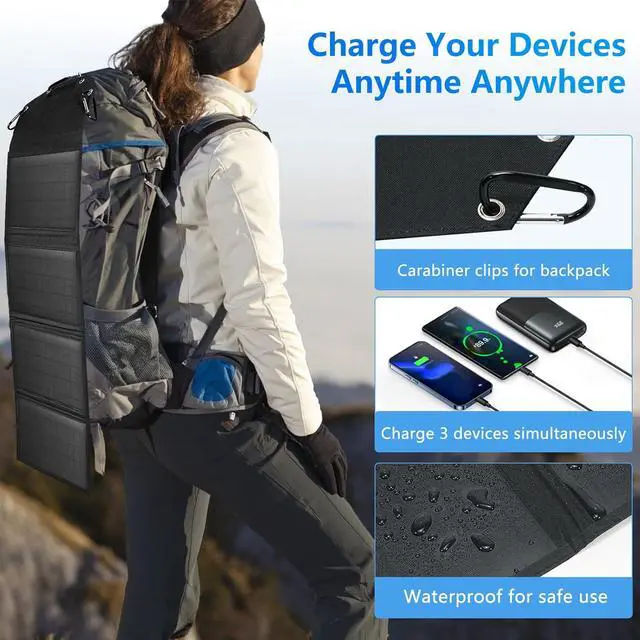 Alt view image 2 of 7 - 35W Portable Solar Charging Panel with USB-A/Type-C/DC Ports for Mobile Phones, Waterproof Smartphone Battery Charger, Foldable Solar Panel for Emergency Camping, Outdoor and Travel (Black)