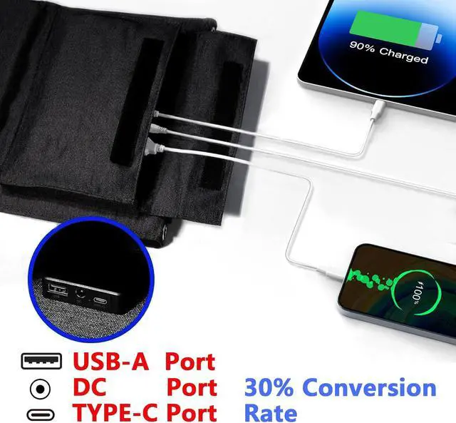 Alt view image 4 of 7 - 35W Portable Solar Charging Panel with USB-A/Type-C/DC Ports for Mobile Phones, Waterproof Smartphone Battery Charger, Foldable Solar Panel for Emergency Camping, Outdoor and Travel (Black)
