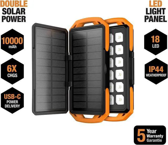 Alt view image 2 of 7 - ToughTested Dual 10,000 mAh Solar Power Portable Charger Battery Pack Power Bank IP65 Waterproof and 18 LED Flashlight