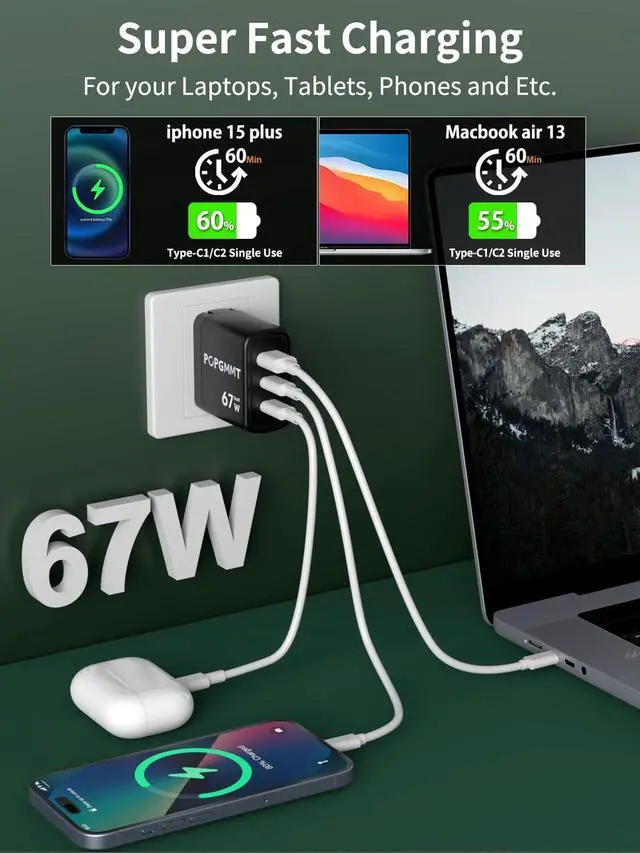 Alt view image 3 of 7 - 67W USB C Wall Charger, GaN 3-Port GaN Fast Charger, PD QC 3.0 PPS USB C Charger Block, Compact Foldable Power Adapter for Galaxy S25/S24/S23/S22/16 Pro Max/16 Pro/16 Plus/16/15/MacBook Air/Pro, iPad