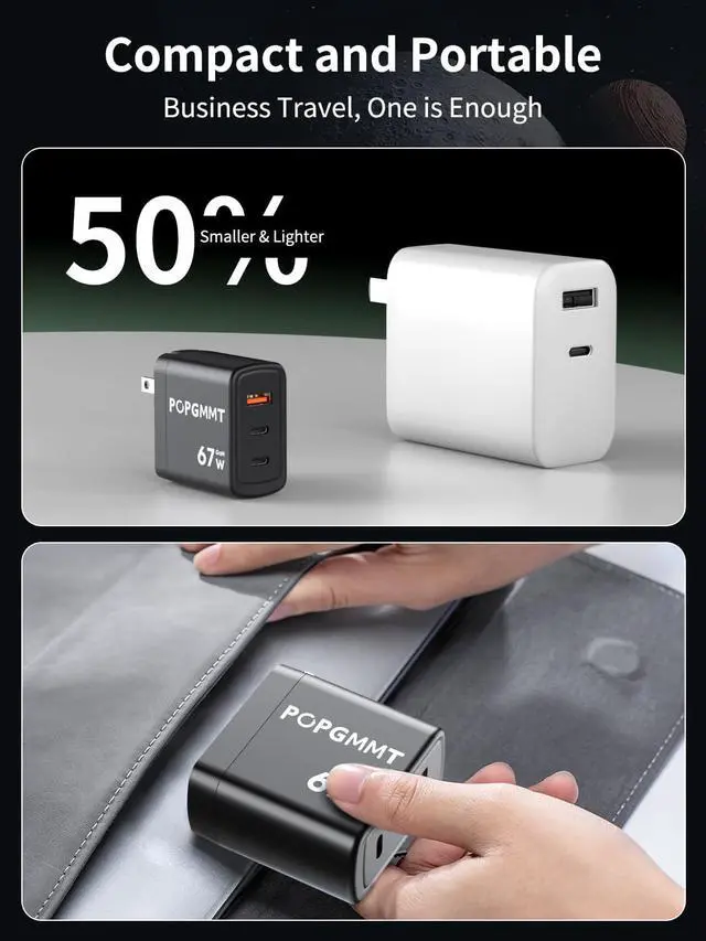 Alt view image 4 of 7 - 67W USB C Wall Charger, GaN 3-Port GaN Fast Charger, PD QC 3.0 PPS USB C Charger Block, Compact Foldable Power Adapter for Galaxy S25/S24/S23/S22/16 Pro Max/16 Pro/16 Plus/16/15/MacBook Air/Pro, iPad