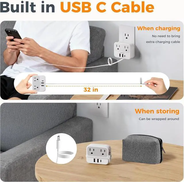 Alt view image 3 of 7 - TESSAN USB C Charger Block, Multi Plug Wall Outlet Extender with USB C Cable, Wall Surge Protector with 2 AC Outlets, Multiple Plug Adapter for Home Office Dorm Room Kitchen