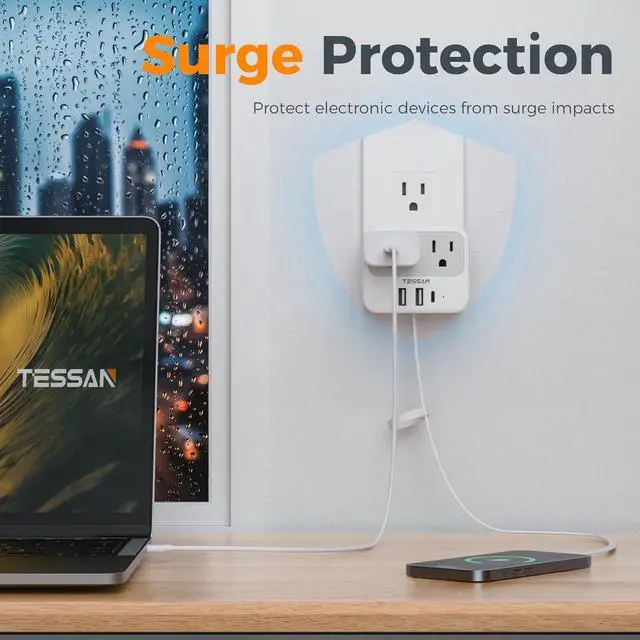 Alt view image 4 of 7 - TESSAN USB C Charger Block, Multi Plug Wall Outlet Extender with USB C Cable, Wall Surge Protector with 2 AC Outlets, Multiple Plug Adapter for Home Office Dorm Room Kitchen