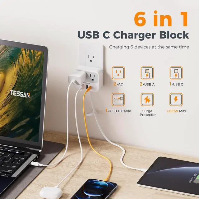 Alt view image 2 of 7 - TESSAN USB C Charger Block, Multi Plug Wall Outlet Extender with USB C Cable, Wall Surge Protector with 2 AC Outlets, Multiple Plug Adapter for Home Office Dorm Room Kitchen
