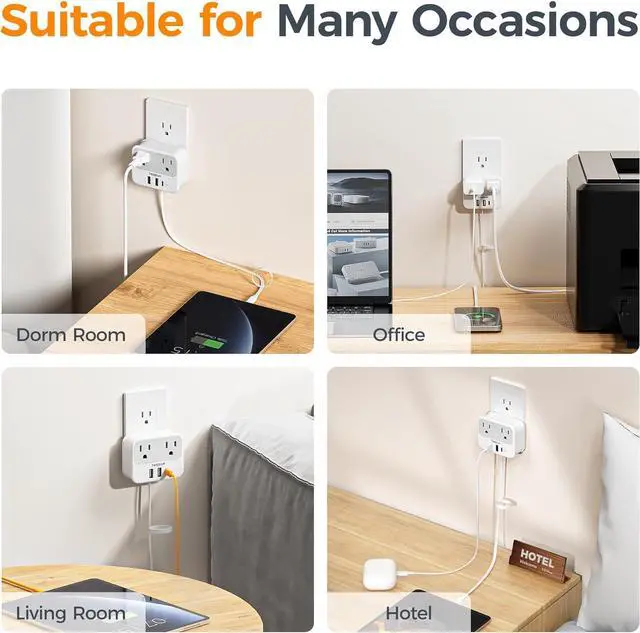 Alt view image 6 of 7 - TESSAN USB C Charger Block, Multi Plug Wall Outlet Extender with USB C Cable, Wall Surge Protector with 2 AC Outlets, Multiple Plug Adapter for Home Office Dorm Room Kitchen