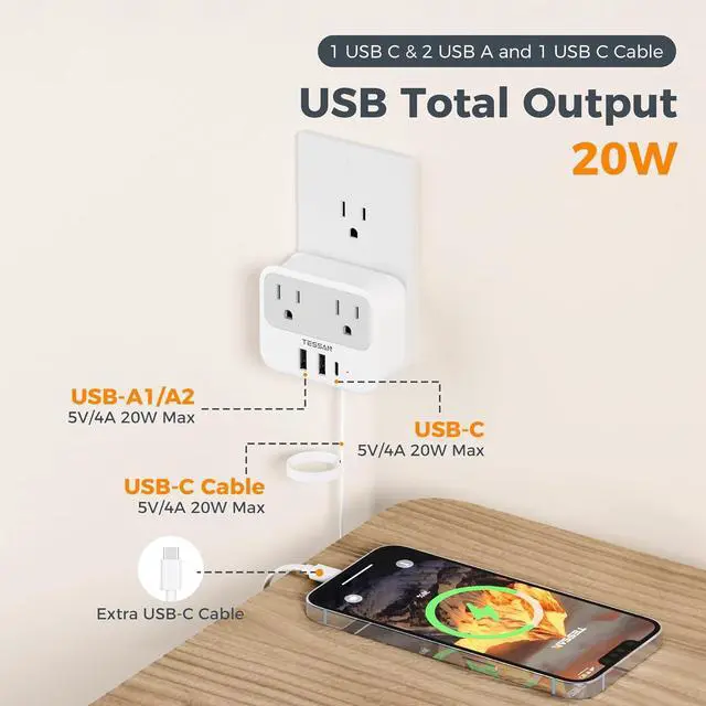 Alt view image 5 of 7 - TESSAN USB C Charger Block, Multi Plug Wall Outlet Extender with USB C Cable, Wall Surge Protector with 2 AC Outlets, Multiple Plug Adapter for Home Office Dorm Room Kitchen