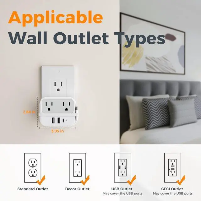 Alt view image 7 of 7 - TESSAN USB C Charger Block, Multi Plug Wall Outlet Extender with USB C Cable, Wall Surge Protector with 2 AC Outlets, Multiple Plug Adapter for Home Office Dorm Room Kitchen