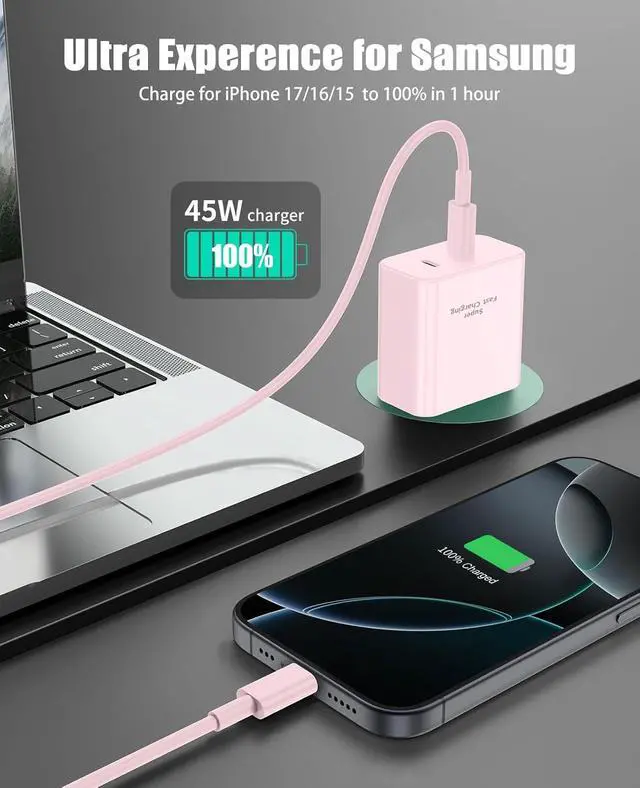 Alt view image 2 of 7 - 2 Pack 45W Super Fast Charger Type C for Samsung, USB C Android Phone Charger Fast Charging Block with 6FT/10FT Type C Charger Cord for Samsung Galaxy S25/S24/S23/S22+ Ultra/iPhone 17/16/15-Pink