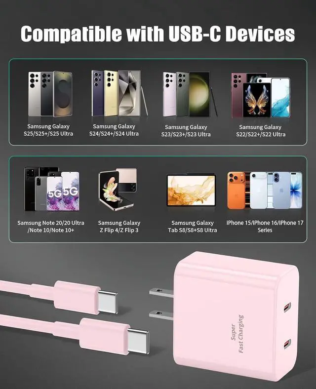 Alt view image 3 of 7 - 2 Pack 45W Super Fast Charger Type C for Samsung, USB C Android Phone Charger Fast Charging Block with 6FT/10FT Type C Charger Cord for Samsung Galaxy S25/S24/S23/S22+ Ultra/iPhone 17/16/15-Pink