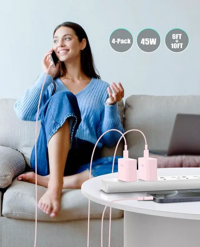 Alt view image 7 of 7 - 2 Pack 45W Super Fast Charger Type C for Samsung, USB C Android Phone Charger Fast Charging Block with 6FT/10FT Type C Charger Cord for Samsung Galaxy S25/S24/S23/S22+ Ultra/iPhone 17/16/15-Pink