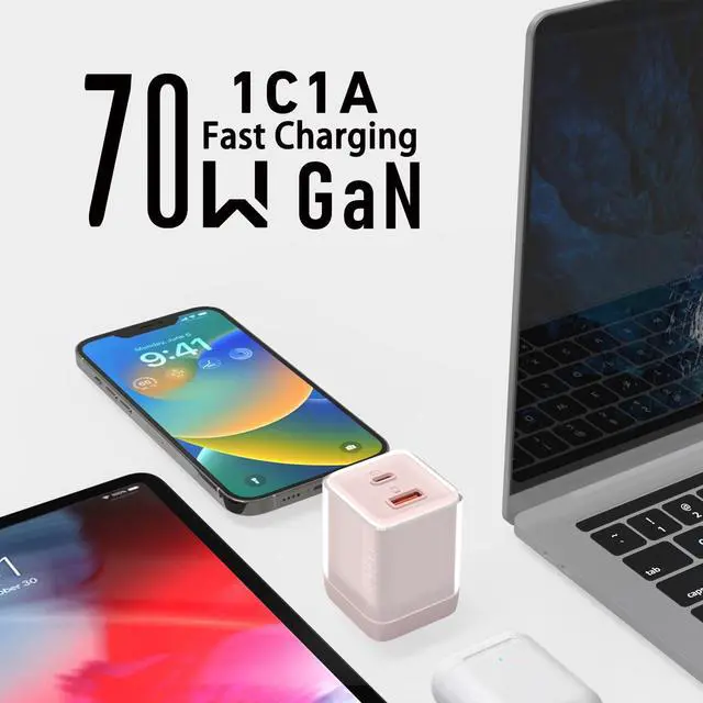 Alt view image 2 of 7 - USB C Charger 70W, GaN 2 Port Compact Fast Wall Charger for MacBook Pro/Air, iPad Pro, Galaxy S23, Dell XPS 13, Note 20/10+, iPhone 17 16 15/Pro, Steam Deck, and More (Pink)