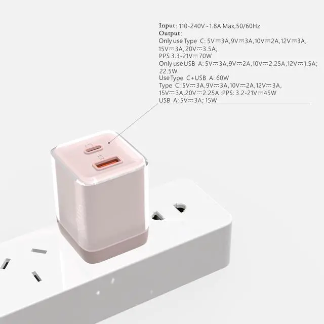Alt view image 7 of 7 - USB C Charger 70W, GaN 2 Port Compact Fast Wall Charger for MacBook Pro/Air, iPad Pro, Galaxy S23, Dell XPS 13, Note 20/10+, iPhone 17 16 15/Pro, Steam Deck, and More (Pink)