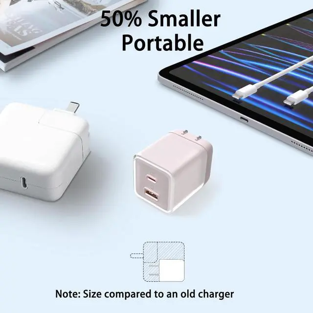 Alt view image 4 of 7 - USB C Charger 70W, GaN 2 Port Compact Fast Wall Charger for MacBook Pro/Air, iPad Pro, Galaxy S23, Dell XPS 13, Note 20/10+, iPhone 17 16 15/Pro, Steam Deck, and More (Pink)
