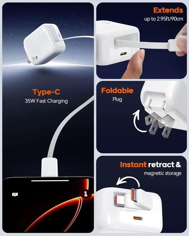 Alt view image 2 of 7 - 35W Retractable USB-C Wall Charger, Fast Charging Block with Foldable Plug and Retractable Type-C Cable, Dual Port PD Charger for iPhone 16/15, Galaxy S23/S22, LG, Compact for Travel & Home
