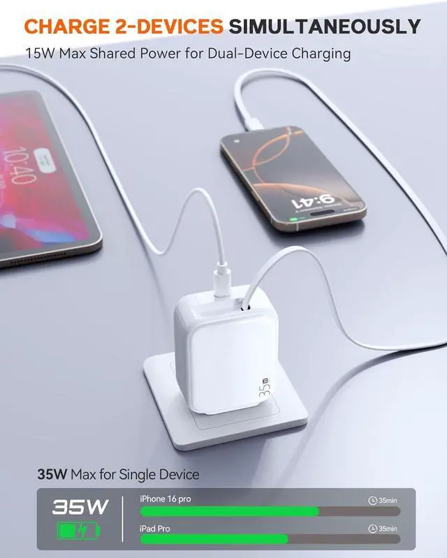 Alt view image 3 of 7 - 35W Retractable USB-C Wall Charger, Fast Charging Block with Foldable Plug and Retractable Type-C Cable, Dual Port PD Charger for iPhone 16/15, Galaxy S23/S22, LG, Compact for Travel & Home