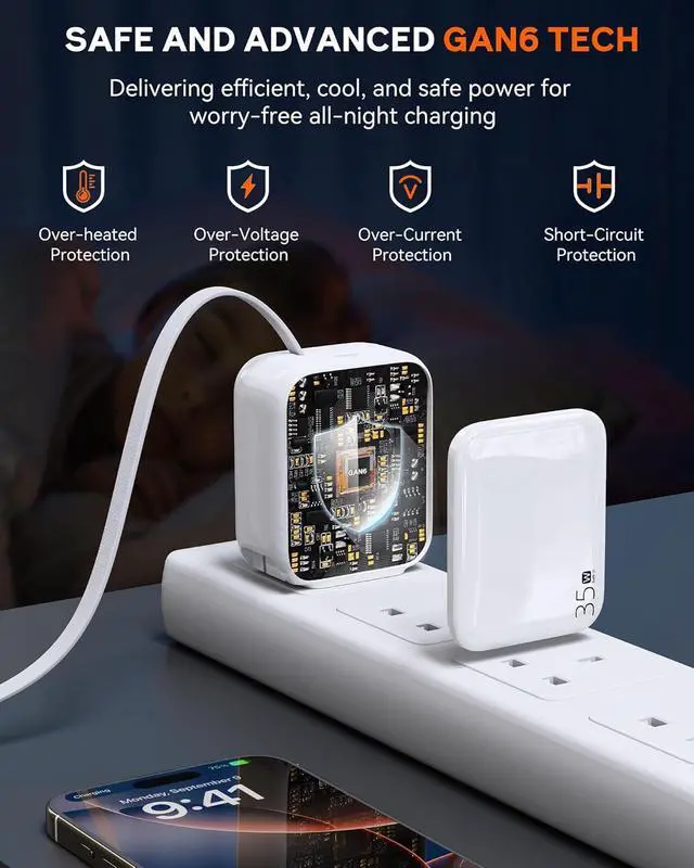 Alt view image 4 of 7 - 35W Retractable USB-C Wall Charger, Fast Charging Block with Foldable Plug and Retractable Type-C Cable, Dual Port PD Charger for iPhone 16/15, Galaxy S23/S22, LG, Compact for Travel & Home