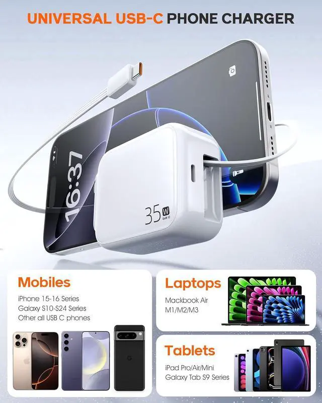 Alt view image 7 of 7 - 35W Retractable USB-C Wall Charger, Fast Charging Block with Foldable Plug and Retractable Type-C Cable, Dual Port PD Charger for iPhone 16/15, Galaxy S23/S22, LG, Compact for Travel & Home