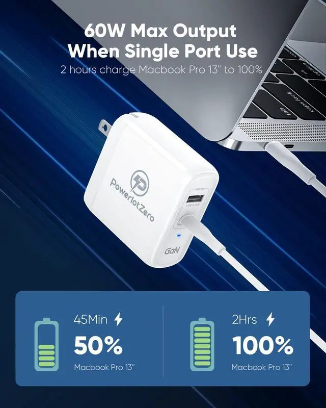 Alt view image 2 of 6 - USB C Wall Charger Fast Charging - PowerlotZero 68W 2-Port GaN Type C Charger Block PD 60W & QC 18W Power Adapter with Foldable Plug for MacBook Pro Air Laptop iPad iPhone 14 13 Pro Max Plus Pixel