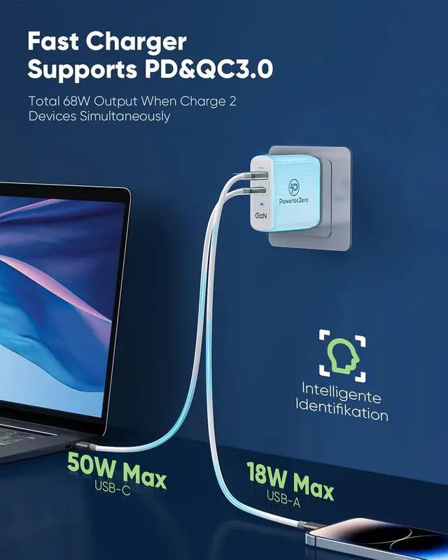 Alt view image 3 of 6 - USB C Wall Charger Fast Charging - PowerlotZero 68W 2-Port GaN Type C Charger Block PD 60W & QC 18W Power Adapter with Foldable Plug for MacBook Pro Air Laptop iPad iPhone 14 13 Pro Max Plus Pixel