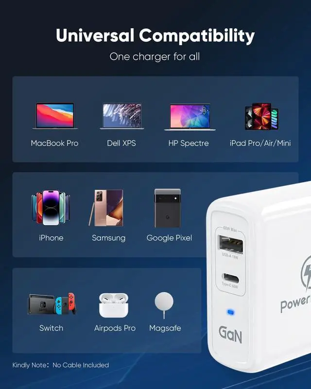 Alt view image 6 of 6 - USB C Wall Charger Fast Charging - PowerlotZero 68W 2-Port GaN Type C Charger Block PD 60W & QC 18W Power Adapter with Foldable Plug for MacBook Pro Air Laptop iPad iPhone 14 13 Pro Max Plus Pixel