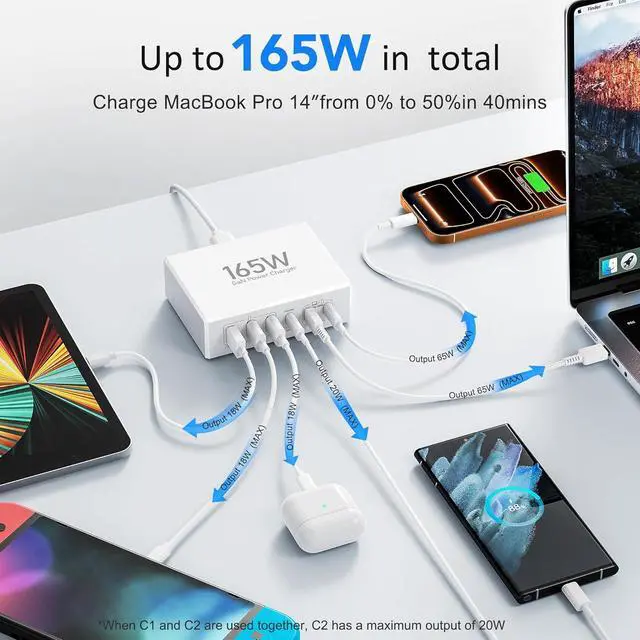 Alt view image 4 of 7 - 165W USB C Charging Station Hub, 6 Port PD GaN Fast Wall Charger Block Type C Laptop Power Adapter Charger Cube Brick for MacBook Pro/Air,iPad Pro,iPhone 13 14 15 16 17, AirPods4watch10 ultra2