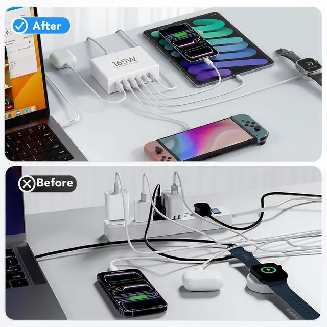 Alt view image 5 of 7 - 165W USB C Charging Station Hub, 6 Port PD GaN Fast Wall Charger Block Type C Laptop Power Adapter Charger Cube Brick for MacBook Pro/Air,iPad Pro,iPhone 13 14 15 16 17, AirPods4watch10 ultra2
