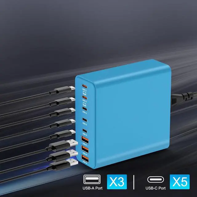 Alt view image 2 of 6 - USB C Charger Block, 8-Port USB Charging Station GaN III Laptop Charger Adapter Compatible with MacBookPro/Air,DELL,iPad,Portable Charging Station for iPhone,Samsung Galaxy (Blue)