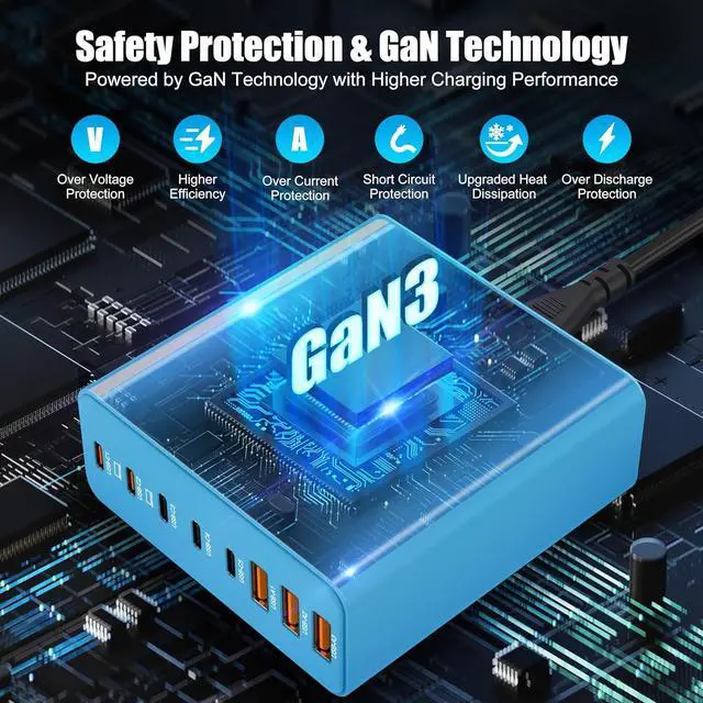 Alt view image 3 of 6 - USB C Charger Block, 8-Port USB Charging Station GaN III Laptop Charger Adapter Compatible with MacBookPro/Air,DELL,iPad,Portable Charging Station for iPhone,Samsung Galaxy (Blue)