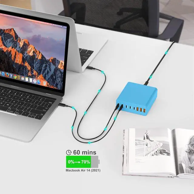 Alt view image 4 of 6 - USB C Charger Block, 8-Port USB Charging Station GaN III Laptop Charger Adapter Compatible with MacBookPro/Air,DELL,iPad,Portable Charging Station for iPhone,Samsung Galaxy (Blue)