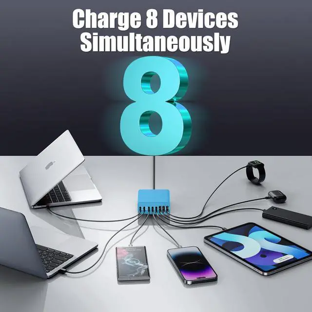 Alt view image 5 of 6 - USB C Charger Block, 8-Port USB Charging Station GaN III Laptop Charger Adapter Compatible with MacBookPro/Air,DELL,iPad,Portable Charging Station for iPhone,Samsung Galaxy (Blue)