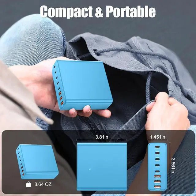 Alt view image 6 of 6 - USB C Charger Block, 8-Port USB Charging Station GaN III Laptop Charger Adapter Compatible with MacBookPro/Air,DELL,iPad,Portable Charging Station for iPhone,Samsung Galaxy (Blue)