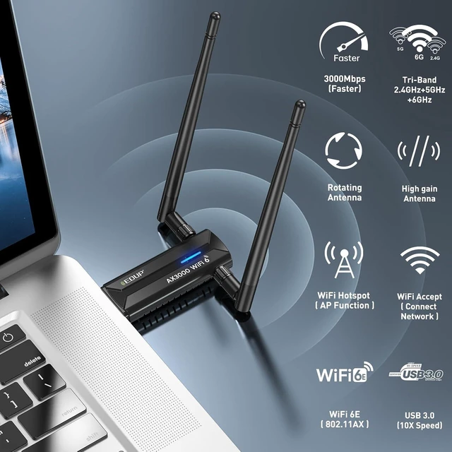 Alt view image 6 of 7 - USB 3.0 WiFi 6E Adapter for PC, AX3000M, Mt7921au, 802.11ax | Tri-Band 6G/5G/2.4GHz, Wi-Fi Dongle Wireless Network Card, Support Windows 11/10 ( Install Driver ) & Linux ( Free Driver )