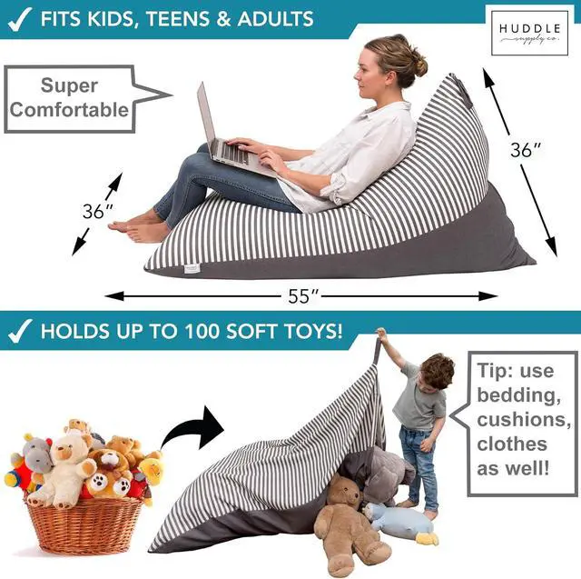 Alt view image 2 of 7 - Huddle Original Stuffed Animal Storage Chair Washable Bean Bag Cover (No Filler) for The Perfect Kids Bean Bag Chair. XL Bean Bag Stuffed Animal Storage Bags | Store 100+ Toys 100% Cotton Canvas Grey