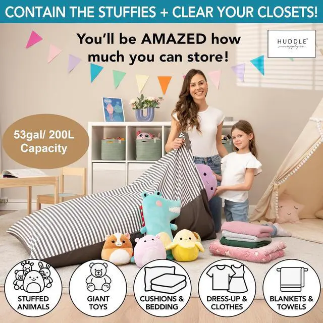 Alt view image 4 of 7 - Huddle Original Stuffed Animal Storage Chair Washable Bean Bag Cover (No Filler) for The Perfect Kids Bean Bag Chair. XL Bean Bag Stuffed Animal Storage Bags | Store 100+ Toys 100% Cotton Canvas Grey