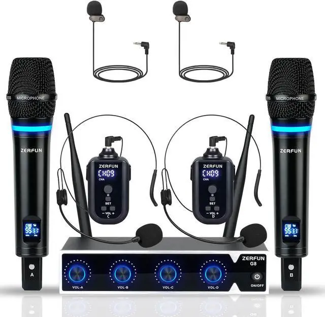 Main image of Rechargeable Wireless Microphone System 4 Channel Pro, UHF Metal Handheld Headset Lavalier Lapel Mics Cordless for Church Karaoke Singing with Volume Control, 4x50 Frequency(G8)
