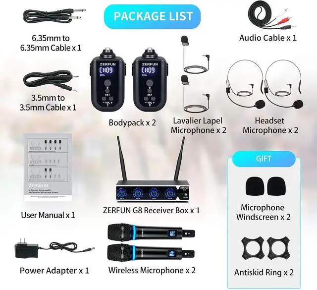Alt view image 7 of 7 - Rechargeable Wireless Microphone System 4 Channel Pro, UHF Metal Handheld Headset Lavalier Lapel Mics Cordless for Church Karaoke Singing with Volume Control, 4x50 Frequency(G8)