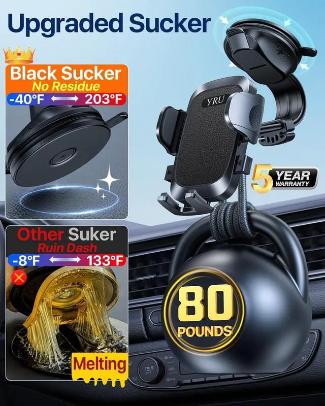 Alt view image 2 of 7 - YRU 2025 BestRotate 90+LBS Safest Strongest Suction Ultimate Car Phone Holder MountMilitary-Grade & All Patent Safety Certs Dashboard Windshield for iPhone 17 Pro Max 16 15 14 Samsung, Black