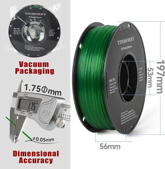 Alt view image 7 of 7 - TINMORRY TPU Filament 1.75mm, TPU 95A Flexible 3D Printer Filament with Glossy Finish, Suitable for Most FDM 3D Printers, 1kg Spool (2.2 lbs), Transparent Emerald Green