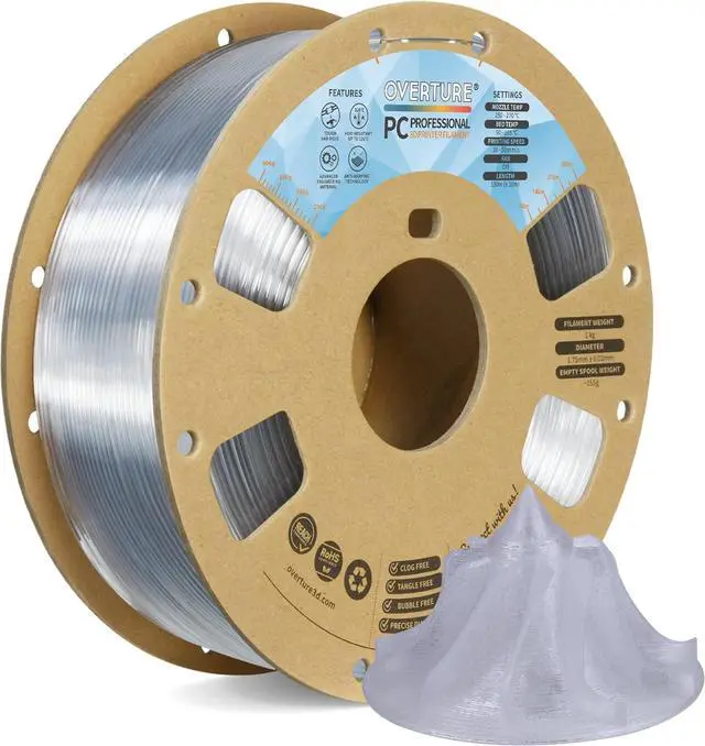 Main image of OVERTURE PC Professional Filament, Cardboard Spool, 1kg(2.2lbs), Dimensional Accuracy Probability +/- 0.02mm, Fit Most FDM Printer (Transparent)