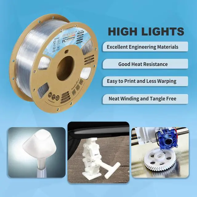 Alt view image 2 of 7 - OVERTURE PC Professional Filament, Cardboard Spool, 1kg(2.2lbs), Dimensional Accuracy Probability +/- 0.02mm, Fit Most FDM Printer (Transparent)