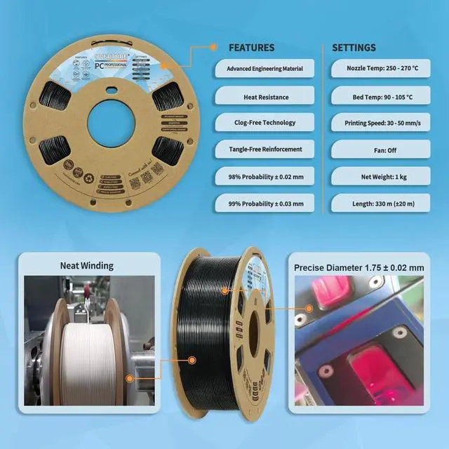 Alt view image 3 of 7 - OVERTURE PC Professional Filament, Cardboard Spool, 1kg(2.2lbs), Dimensional Accuracy Probability +/- 0.02mm, Fit Most FDM Printer (Transparent)