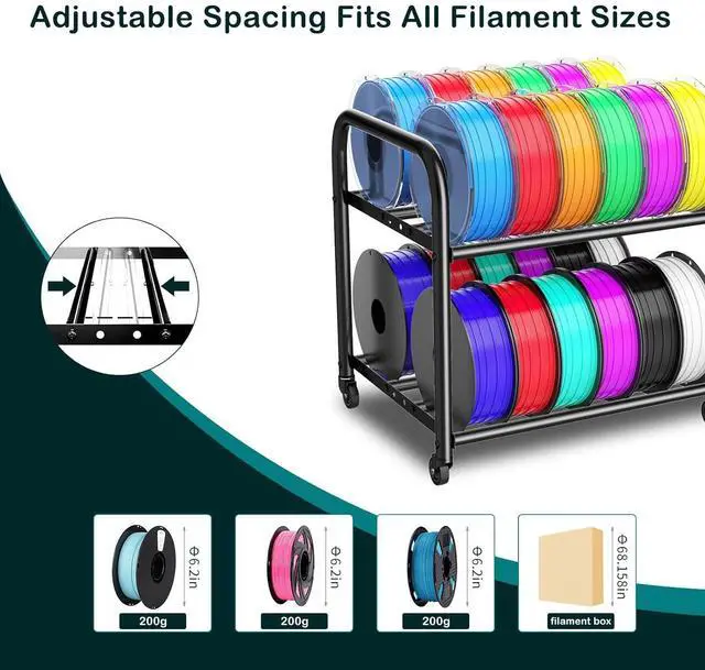 Alt view image 3 of 7 - 2-Tier Metal Filament Rack, Compact Under Desk 3D Filament Spools Rolling Cart with Adjustable Spools Storage Holds 24+ PLA/ABS/TPU Filaments, for Home, Office Workshop, Studio